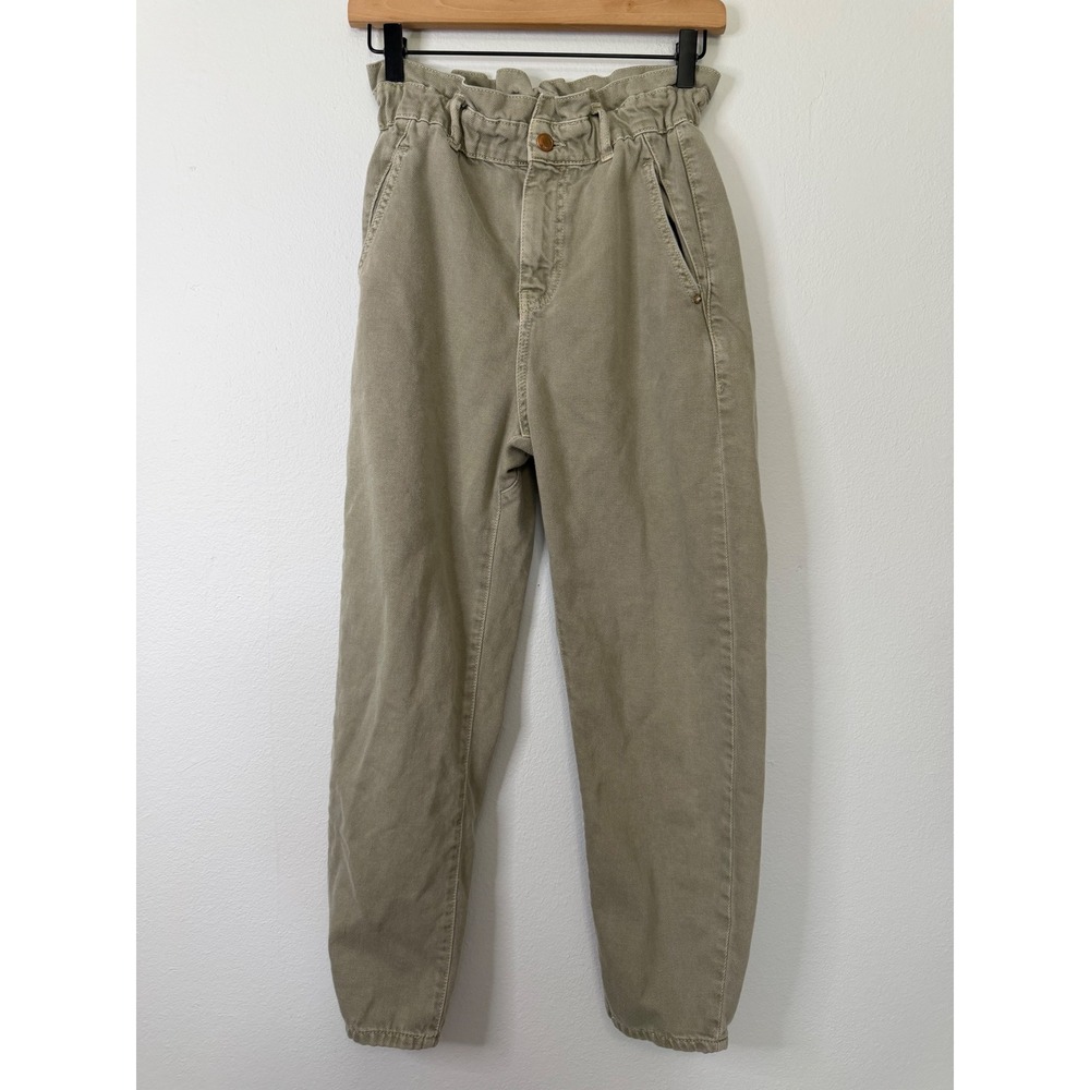 Zara - High Waist Paper Bag Crop Denim‎ Pants 100% Cotton Olive Green Size 2